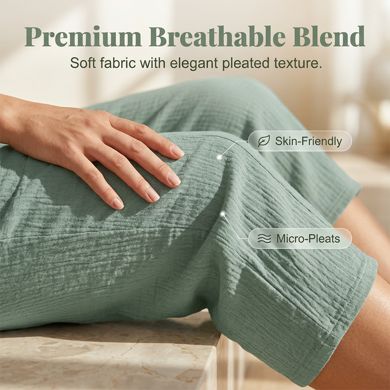 Women's solid-color pleated cotton-linen cropped pants from Arenzza, featuring a relaxed fit and stylish pleats.