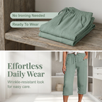 Women's solid-color pleated cotton-linen cropped pants by Arenzza, showing a close-up of the lightweight, breathable fabric and pleated design.