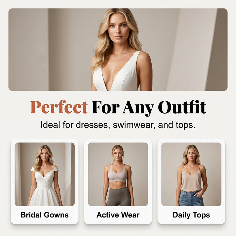 Arenzza double-sided adhesive bra inserts for clothing and accessories, showing smooth, contoured silicone pads with adhesive sides.
