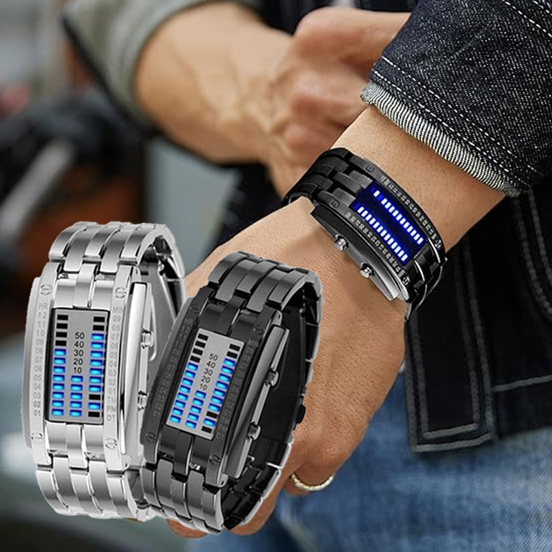 A men's binary LED watch by Arenzza with stainless steel band, blue light display, sporty design, water-resistant, modern style.