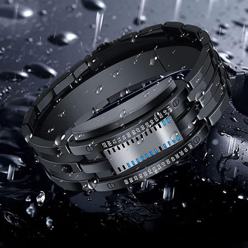 Arenzza men's binary LED watch with stainless steel band, blue light display, sporty design, water-resistant, modern style.