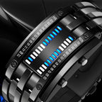 A men's binary LED watch by Arenzza with stainless steel band, blue light display, water-resistant, sporty and modern design.