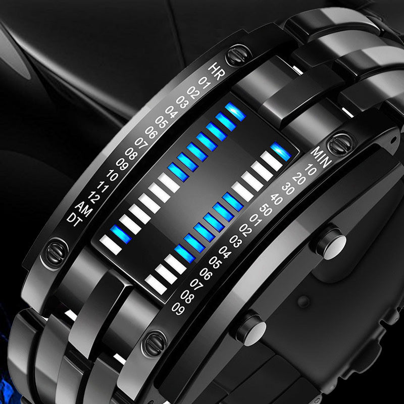 A men's binary LED watch by Arenzza with stainless steel band, blue light display, water-resistant, sporty and modern design.