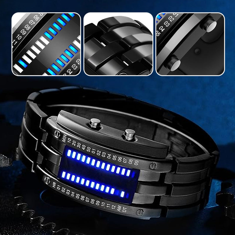 Arenzza men's Binary LED watch with stainless steel band, blue light display, sporty design, water-resistant, modern accessory.