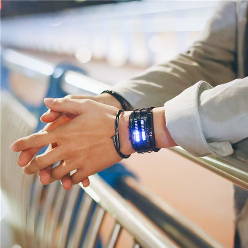 Arenzza men's Binary LED watch with stainless steel band, blue light display, sporty design, water-resistant, modern style.