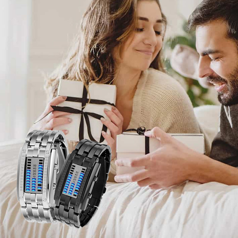 A men's Arenzza Binary LED Watch with stainless steel band, blue LED display, sporty design, water-resistant, modern style.