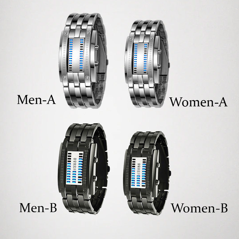 Arenzza men's binary LED watch with stainless steel band, blue light display, sporty style, water-resistant, modern design.