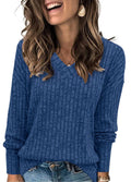 A women’s V-neck long sleeve solid sweater by Arenzza in autumn colors, displayed on a hanger.
