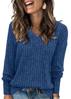 A women’s V-neck long sleeve solid sweater by Arenzza in autumn colors, displayed on a hanger.