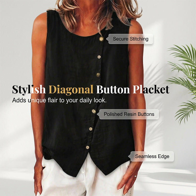 Aarenzza summer loose fit button-up tunic vest in lightweight fabric, displayed on a hanger with a neutral background.