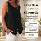 A cream-colored loose fit button-up tunic vest from Arenzza, styled as a summer clothing layer with a relaxed fit.