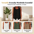 Aarenza summer loose fit button-up tunic vest in light fabric, featuring a collar and button closure, styled for casual wear.