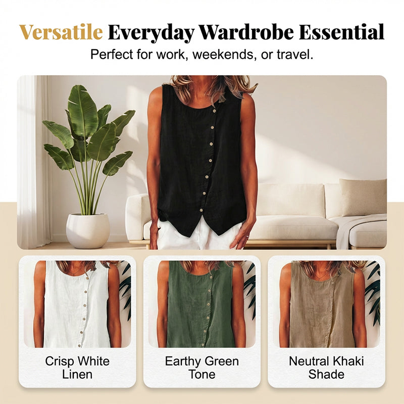 Aarenza summer loose fit button-up tunic vest in light fabric, featuring a collar and button closure, styled for casual wear.
