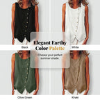 Aarenza summer loose fit button-up tunic vest in light fabric, displayed flat with front buttons and sleeveless design.