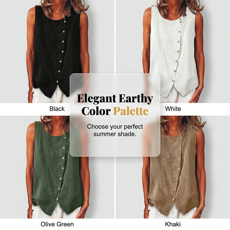 Aarenza summer loose fit button-up tunic vest in light fabric, displayed flat with front buttons and sleeveless design.