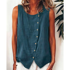 Aarenza summer loose fit button-up tunic vest in lightweight fabric, shown on a hanger, in soft neutral color.