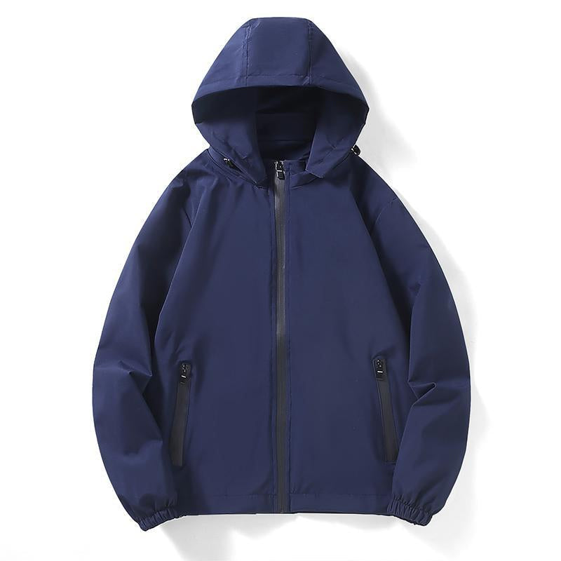 Aarenza outdoor lightweight hooded jacket in weather-resistant fabric, shown on a hanger with a drawstring hood and zip closure.