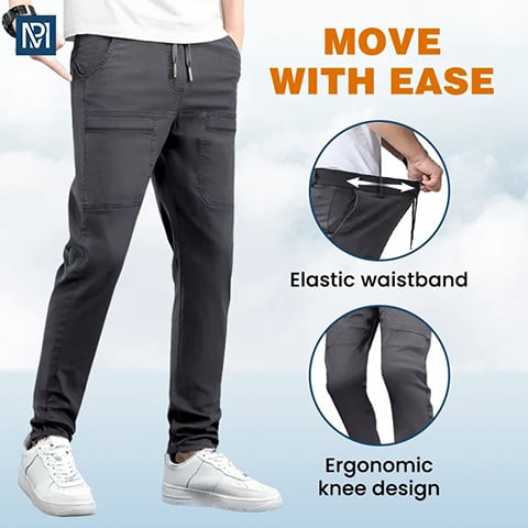 A pair of Arenzza high-stretch cargo pants with multiple pockets, durable fabric, and a modern casual fit.