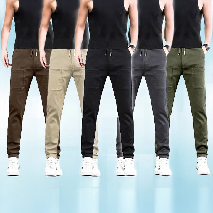 A pair of Arenzza high-stretch cargo pants with multiple pockets, durable fabric, and a modern fit, shown on a mannequin.