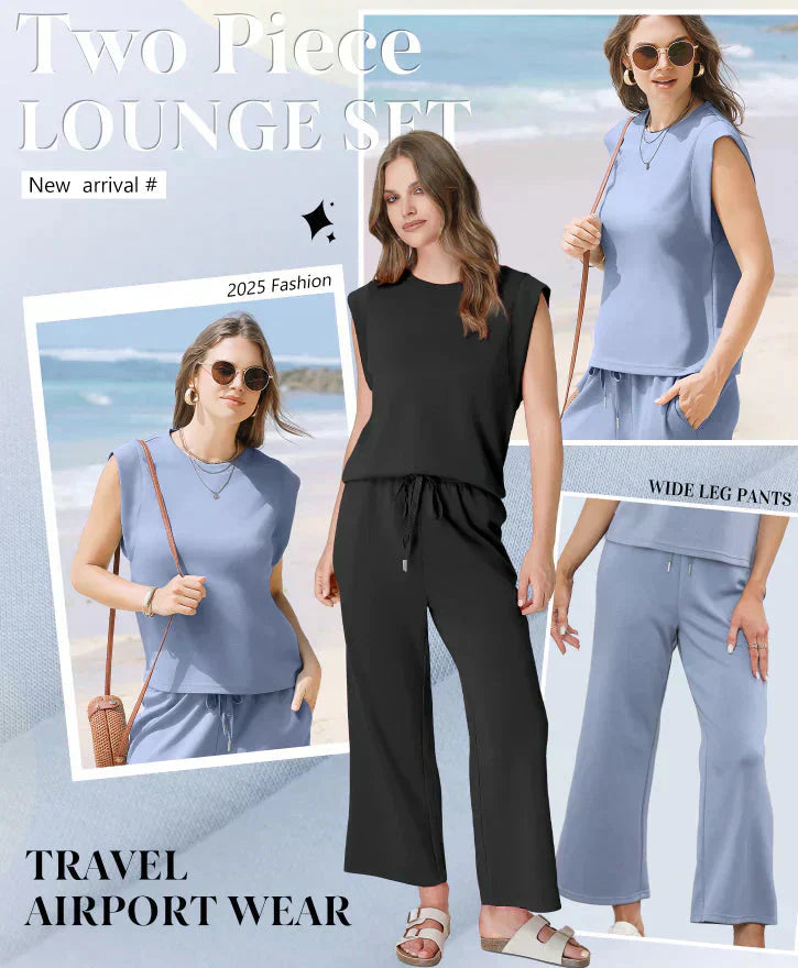 Aarenza women's sleeveless top and wide-leg pants 2-piece set, stylish clothing with a colorful floral pattern.