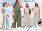 A woman wearing Arenzza's sleeveless top and wide-leg pants 2-piece set, stylish and comfortable clothing for casual wear.