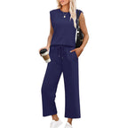 Aarenza women's sleeveless top and wide-leg pants 2-piece set in soft fabric, displayed on a hanger against a white background.