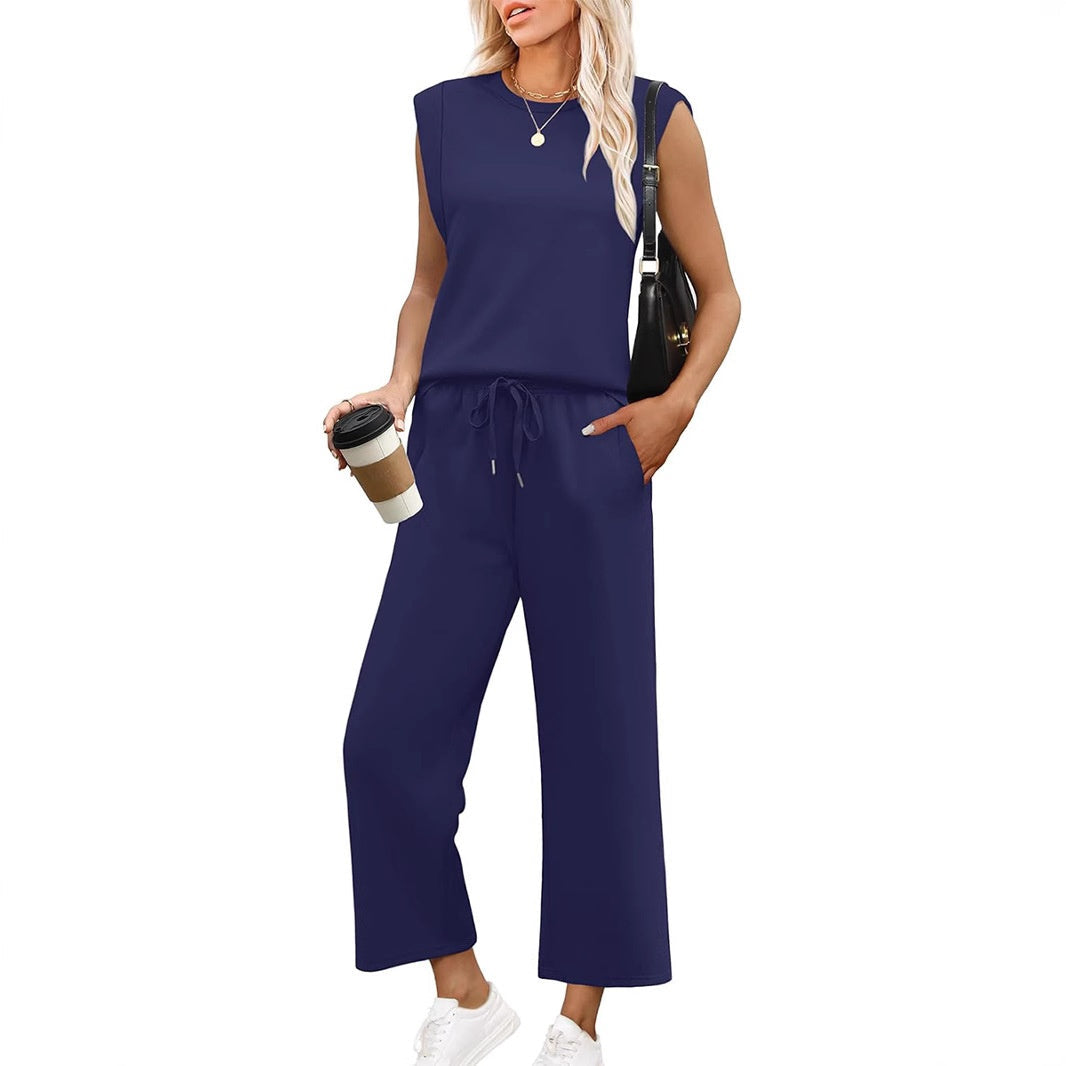 Aarenza women's sleeveless top and wide-leg pants 2-piece set in soft fabric, displayed on a hanger against a white background.