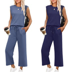 Aarenza women's sleeveless top and wide-leg pants 2-piece set in lightweight fabric, stylish and comfortable summer outfit.