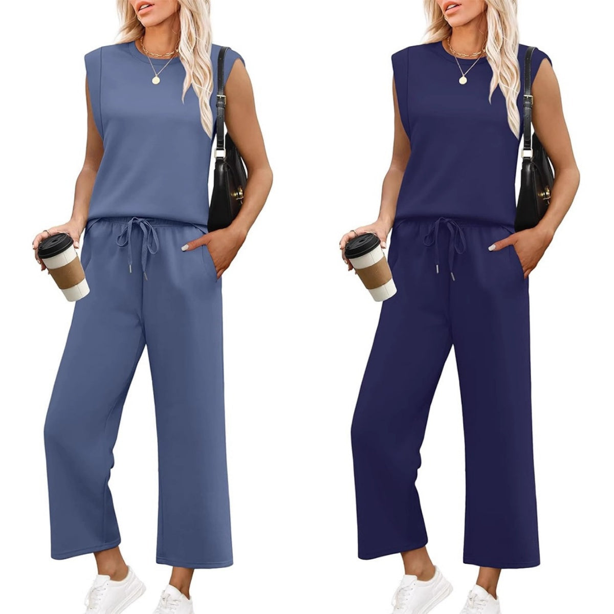 Aarenza women's sleeveless top and wide-leg pants 2-piece set in lightweight fabric, stylish and comfortable summer outfit.
