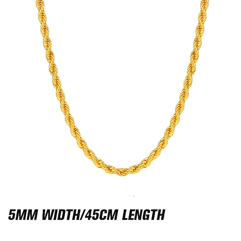 Layered gold twist rope necklaces and bracelets by Arenzza, showcasing elegant jewelry with intertwined gold chains.