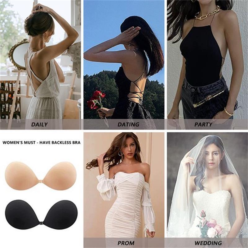 A pair of Arenzza adhesive push-up bras in nude and black, shown with smooth fabric and seamless design for a comfortable fit.