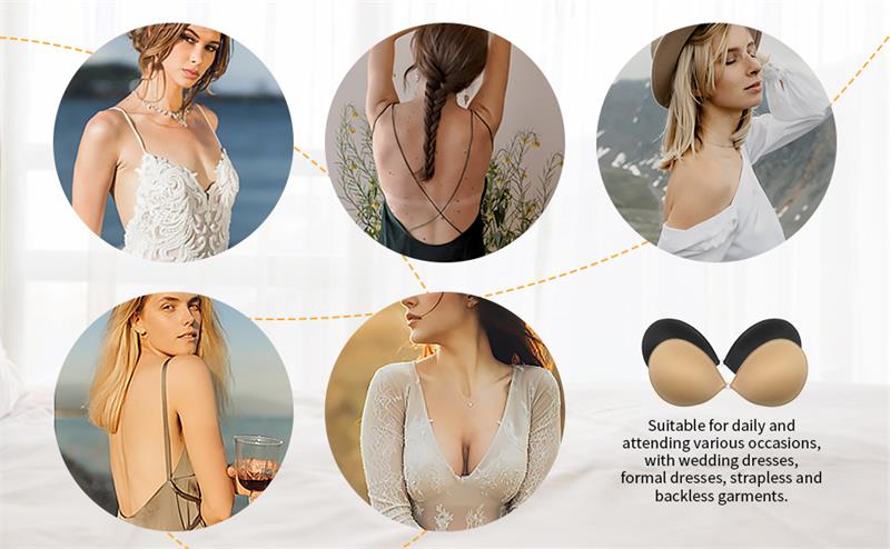 A pair of Arenzza adhesive push-up bras in black, showing the back and front design, perfect for enhancing cleavage and support.