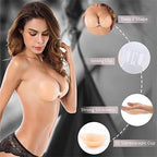 A pair of Arenzza adhesive push-up bras in nude and black, shown with smooth fabric and adhesive strips for support and lift.