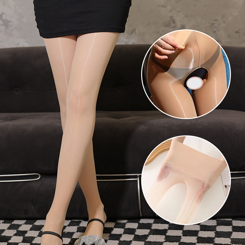 A woman wears transparent high-waisted shiny sheer tights by Arenzza, showcasing their glossy, comfortable fit.