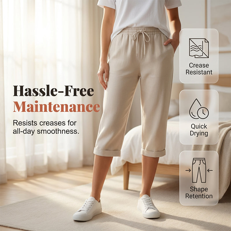 Women's cotton linen capris by Arenzza featuring a casual, comfortable fit with a stylish design in neutral tones.