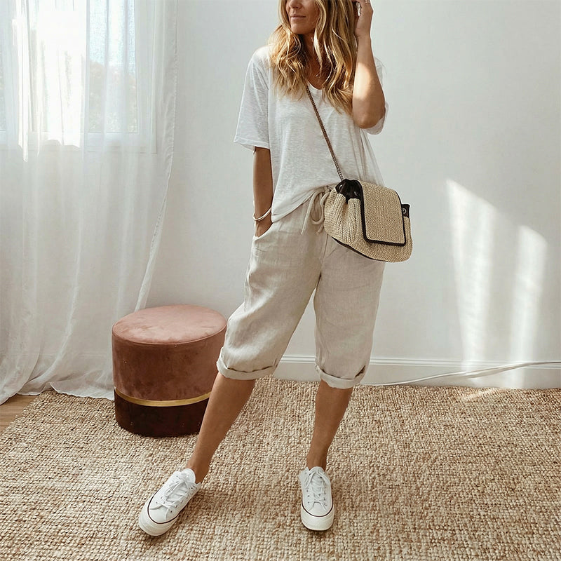 Women’s casual cotton linen capris by Arenzza, featuring a relaxed fit and breathable fabric, perfect for comfortable summer wear.