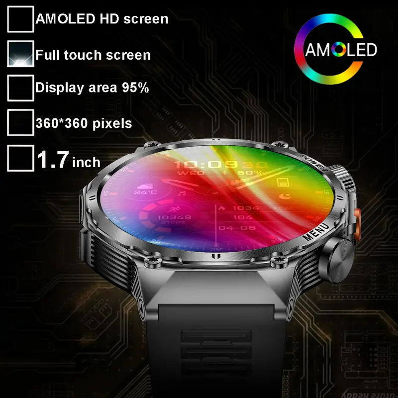 Arenzza 1.52" HD men's smartwatch displaying time and sports modes, with a black band and waterproof design.