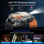 Arenzza 1.52-inch HD men's smartwatch with phone call and music control, multiple sports modes, waterproof design, and long battery life.