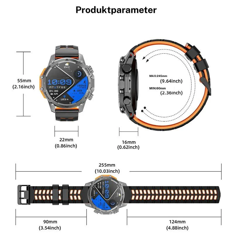 Arenzza 1.52-inch HD men's smartwatch showing a digital display with fitness stats, waterproof design, and music control features.