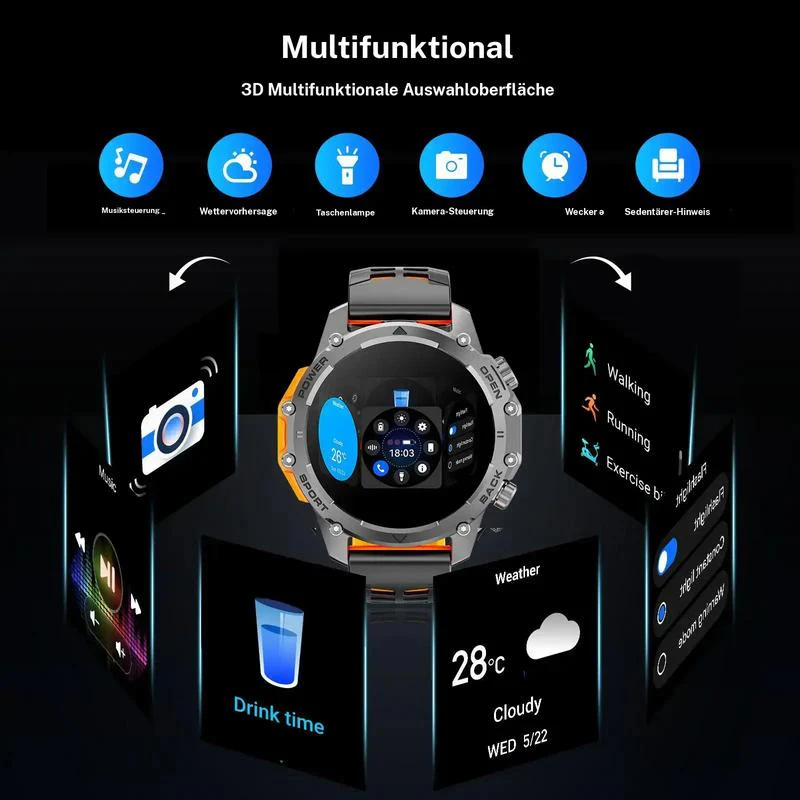 Arenzza 1.52-inch HD men's smartwatch with a digital display, showing call and music controls, in a sporty design.