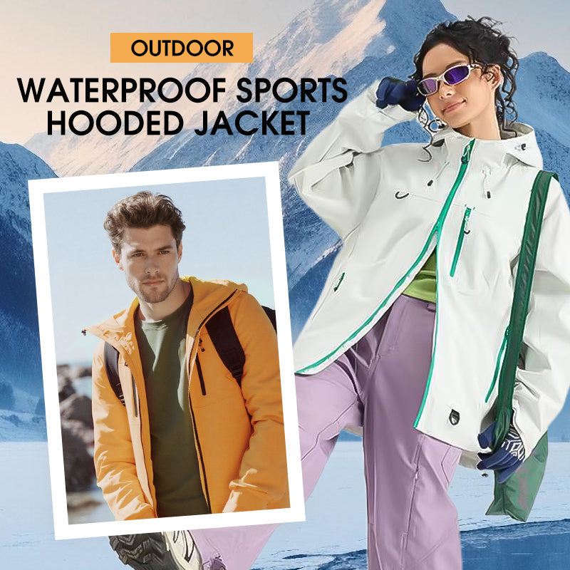 Arenzza waterproof hooded sports jacket for outdoor activities, shown in black with a front zipper and adjustable hood.