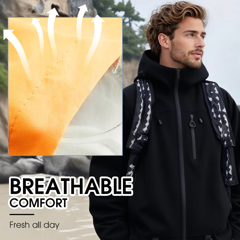 Arenzza waterproof sports hooded jacket for outdoor activities, shown in black with adjustable hood and zip closure.