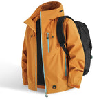 Arenzza waterproof outdoor sports hooded jacket in black with zippered pockets and adjustable hood, designed for active outdoor wear.
