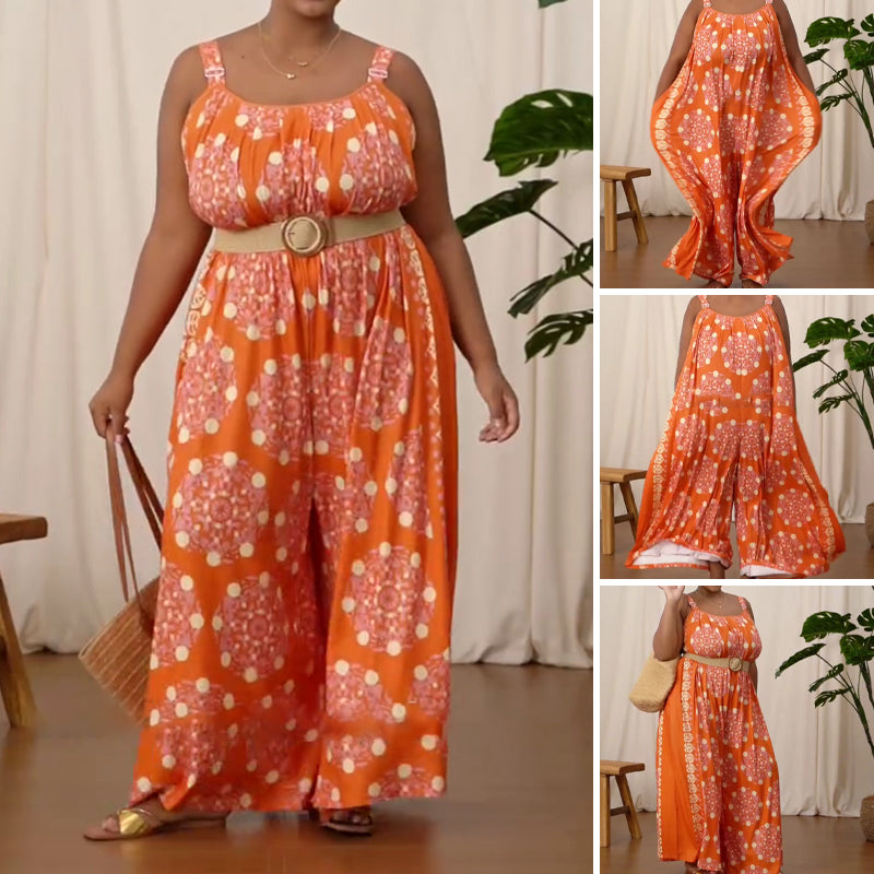 Aarenza adjustable strap loose jumpsuit in lightweight fabric, featuring wide legs and a relaxed fit, displayed on a hanger.