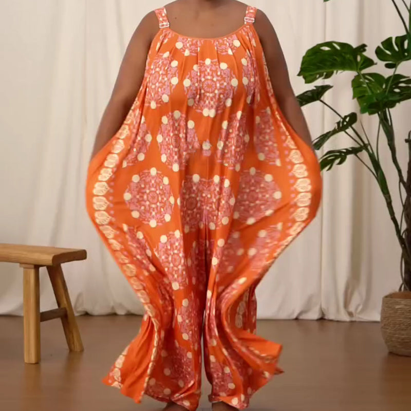 Aarenza loose jumpsuit with adjustable straps, flowing fabric, and wide legs, perfect for casual or stylish wear.