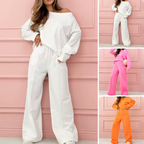 Aarenza fashionable minimalist round neck top and wide-leg pants 2-piece set in neutral tones, displayed on a hanger.