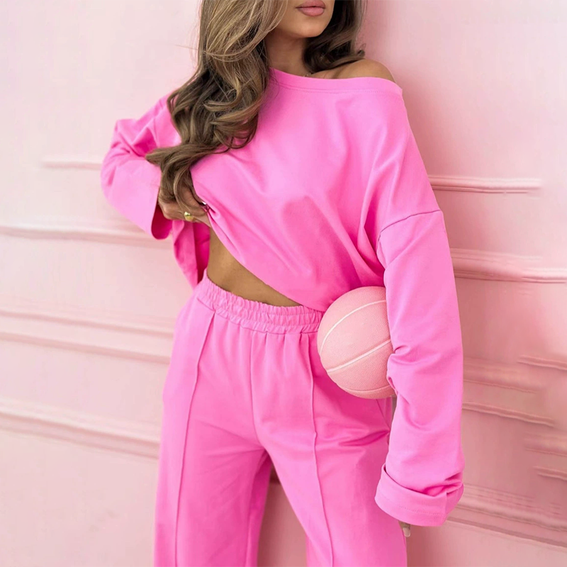 Aarenza fashionable minimalist round neck top and wide-leg pants 2-piece set shown in neutral fabric, casual and stylish for women.