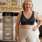 Aarenza super firming wirefree jelly bra with leopard print in black and beige, showcasing its comfortable, supportive design.