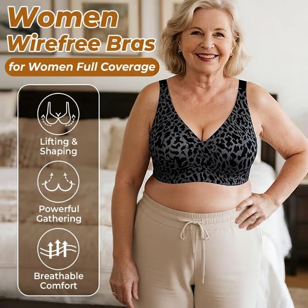 Aarenza super firming wirefree jelly bra with leopard print in black and beige, showcasing its comfortable, supportive design.
