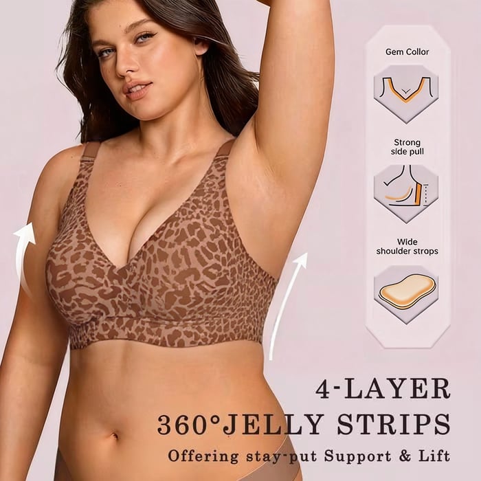 Aarenza super firming wirefree jelly bra with leopard print, showcasing its comfortable fit and stylish design.